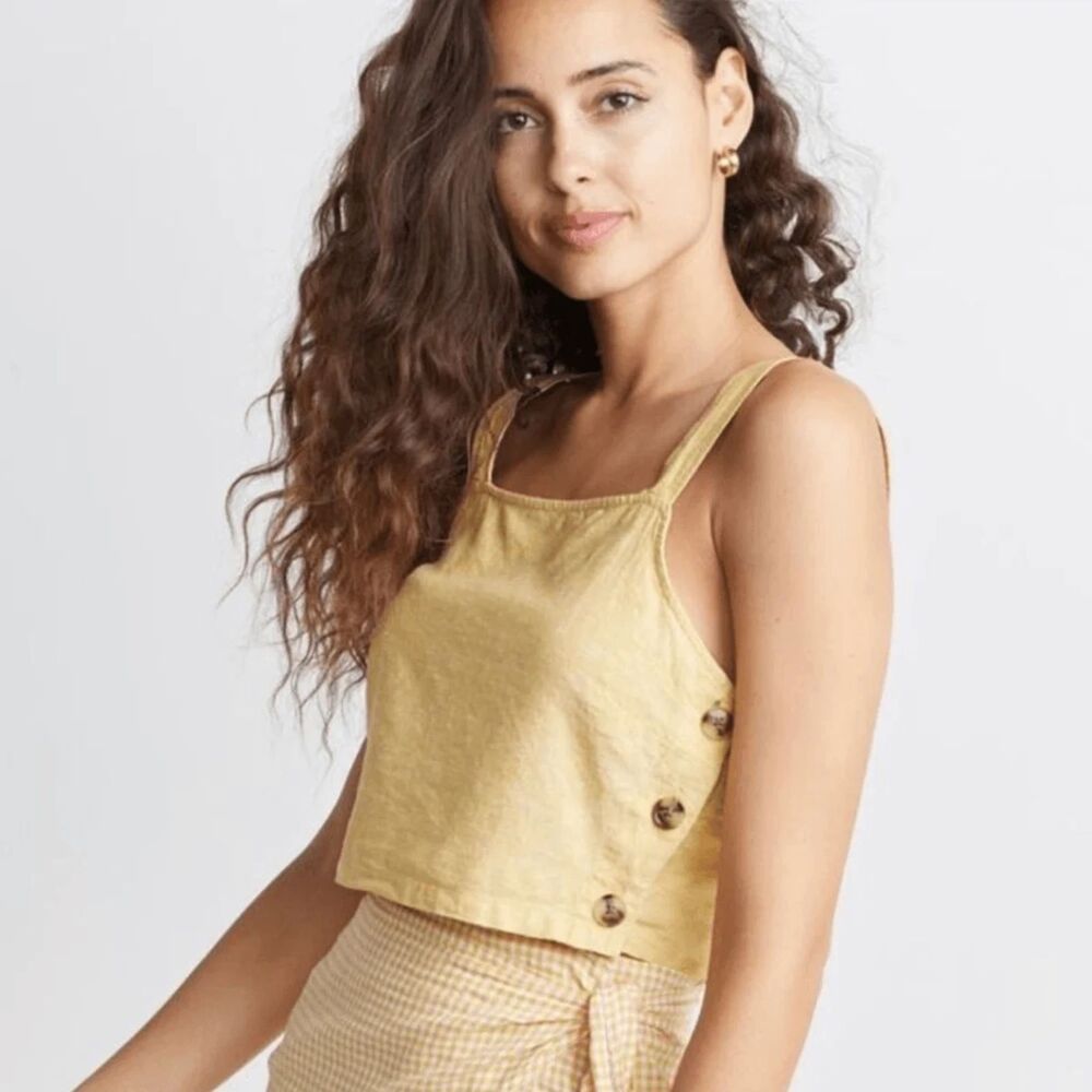 Marine Layer Andie Yellow Linen Crop Tank Top Apron Side Buttons XS Honeycomb